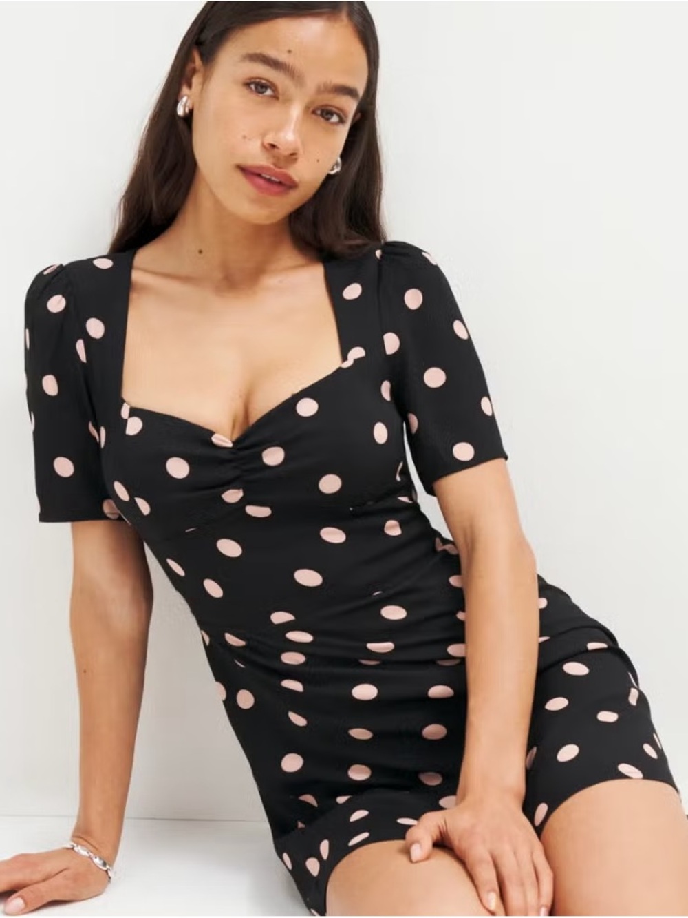 Reformation Black Dress with Pink Polka Dots